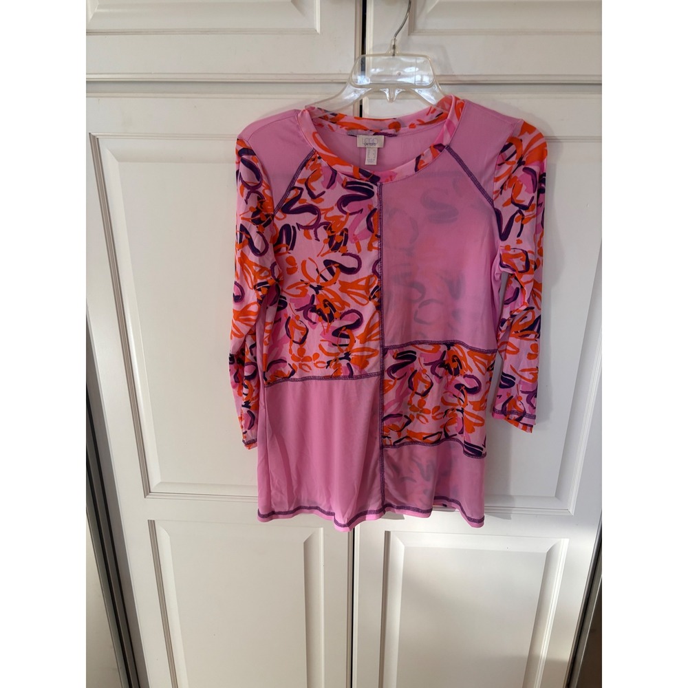 LOGO Layers Lori Goldstein Pink Mesh Patchwork Mixed Print Long Sleeve Top XS